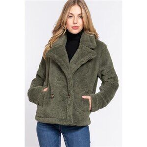 Women's Olive Faux Fur Sherpa Jacket/ Fuzzy Coat/ Teddy Coat With Pockets